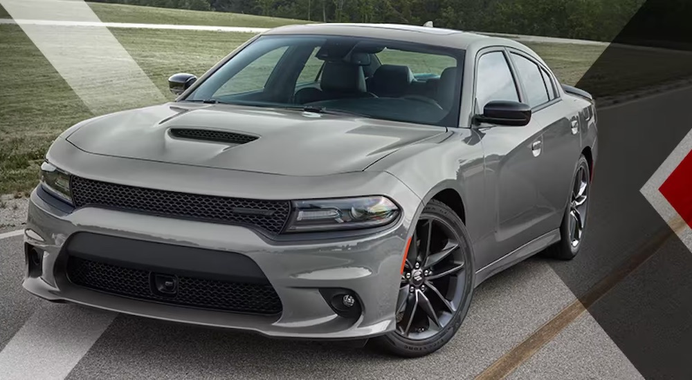 A grey 2023 Dodge Charger Blacktop Edition is shown from the front at an angle.