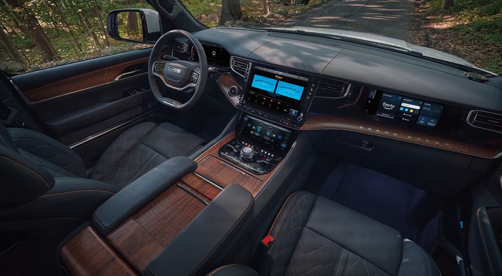 An overhead view of the cabin of a 2024 Jeep Grand Cherokee at a Jeep dealer near Eureka.