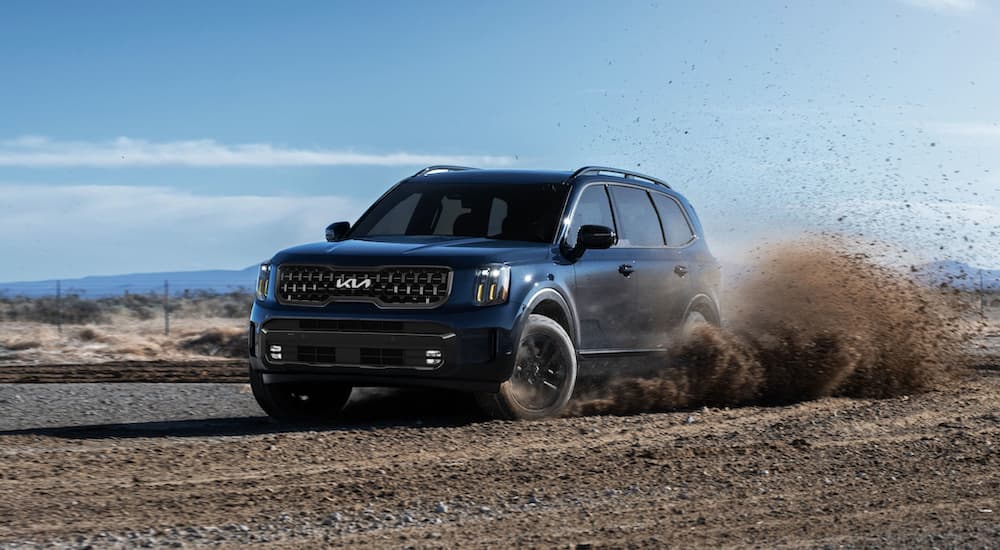A blue 2022 Kia Telluride is shown from the front at an angle.